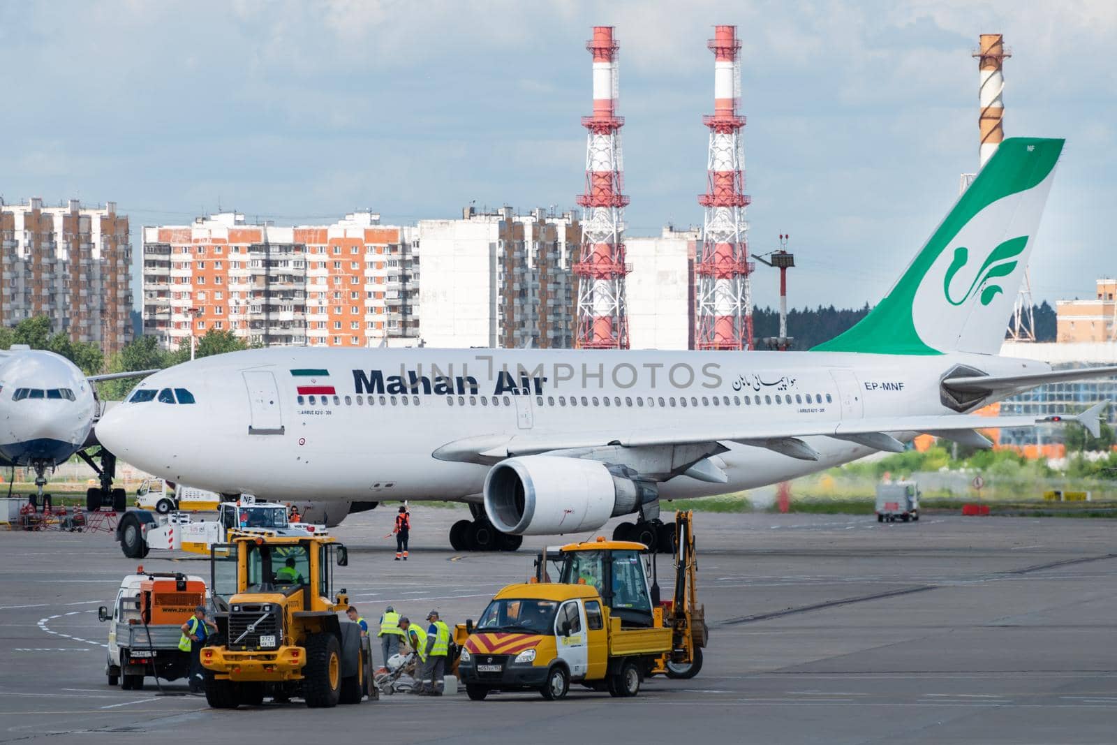 July 2, 2019, Moscow, Russia. Airplane Airbus A310-300 Mahan Airlines at Vnukovo airport in Moscow.