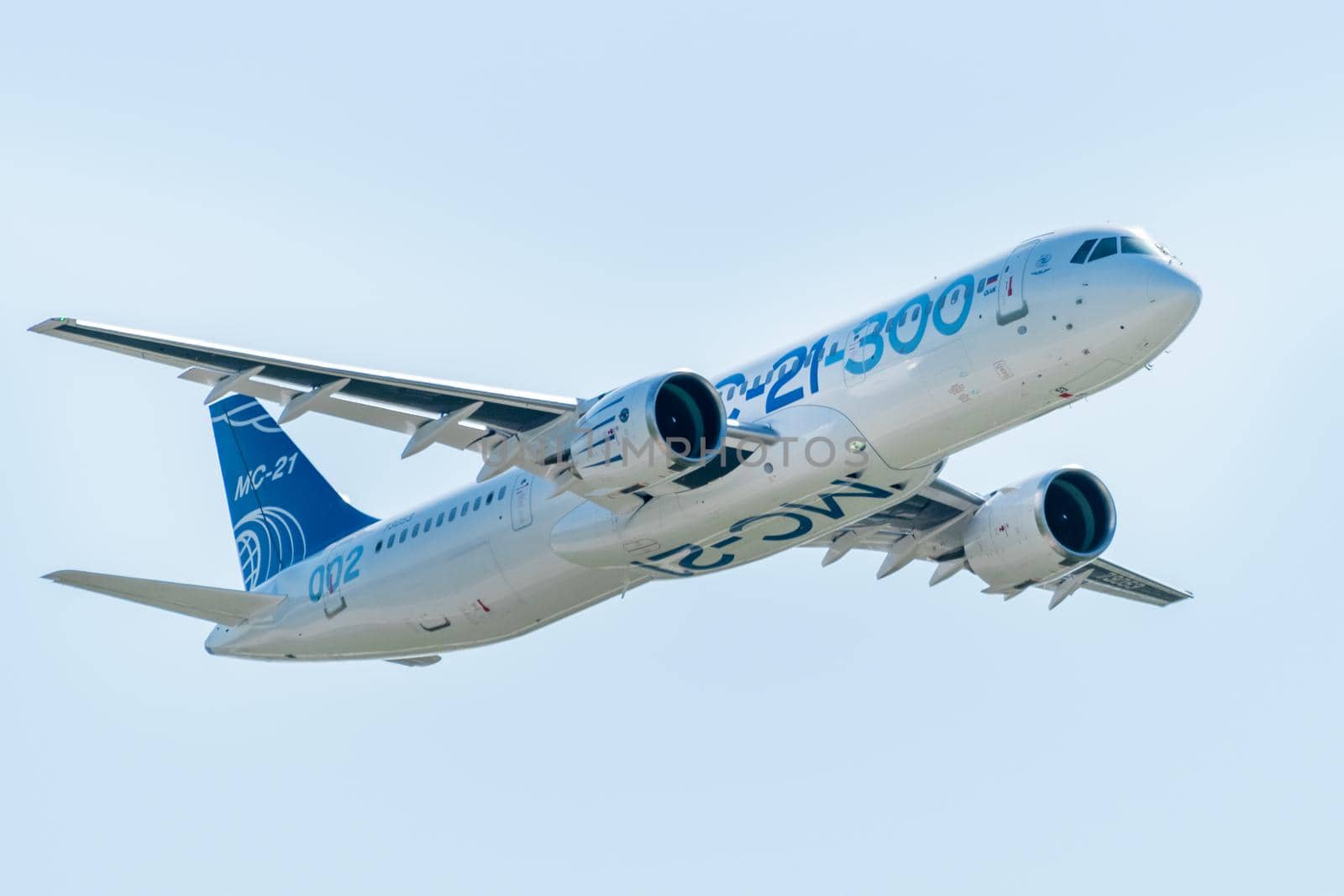 August 30, 2019. Zhukovsky, Russia. Promising Russian medium-range narrow-body passenger aircraft Irkut MC-21 at the International Aviation and Space Salon MAKS 2019.