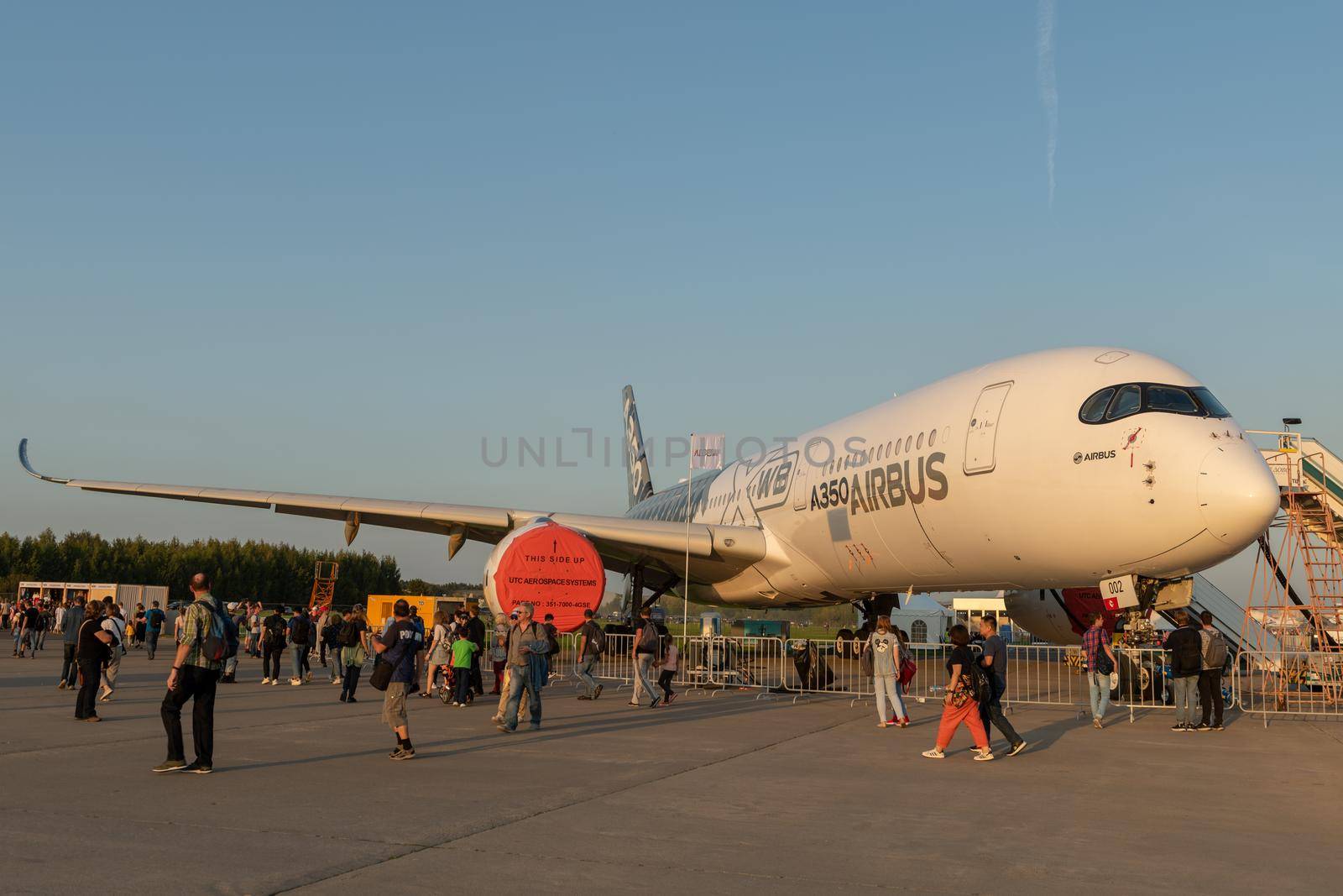 August 30, 2019. Zhukovsky, Russia. long-range wide-body twin-engine passenger aircraft Airbus A350-900 XWB Airbus Industrie at the International Aviation and Space Salon MAKS 2019.