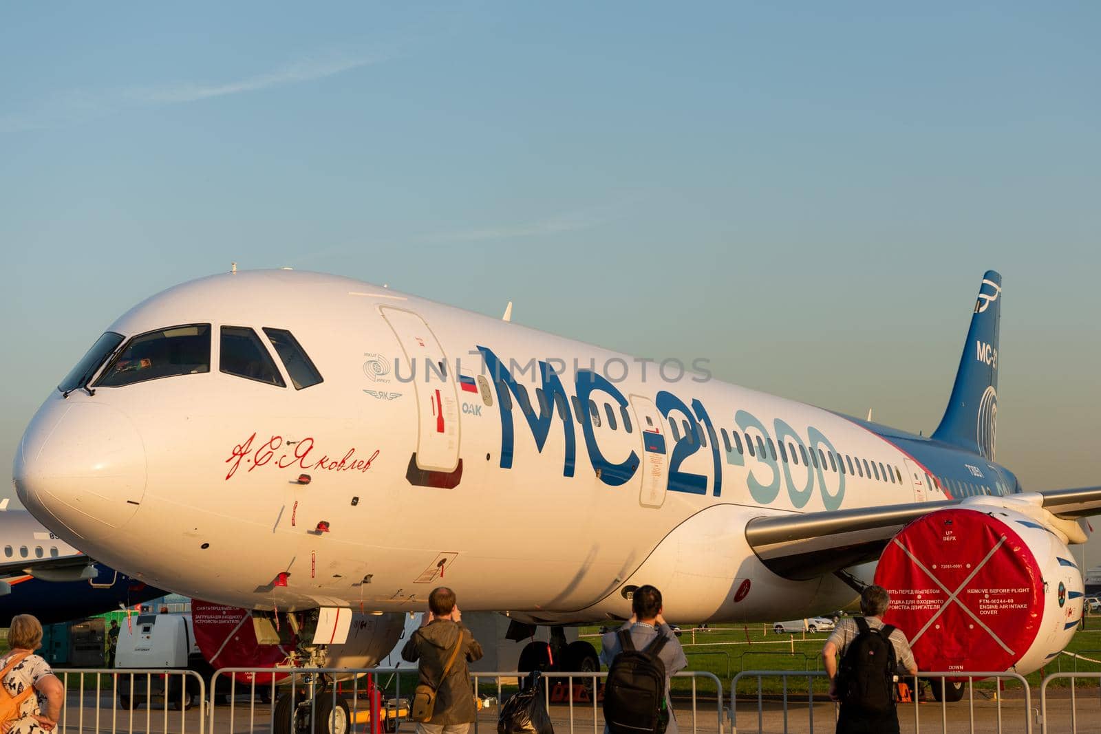 August 30, 2019. Zhukovsky, Russia. Promising Russian medium-range narrow-body passenger aircraft Irkut MC-21 at the International Aviation and Space Salon MAKS 2019.