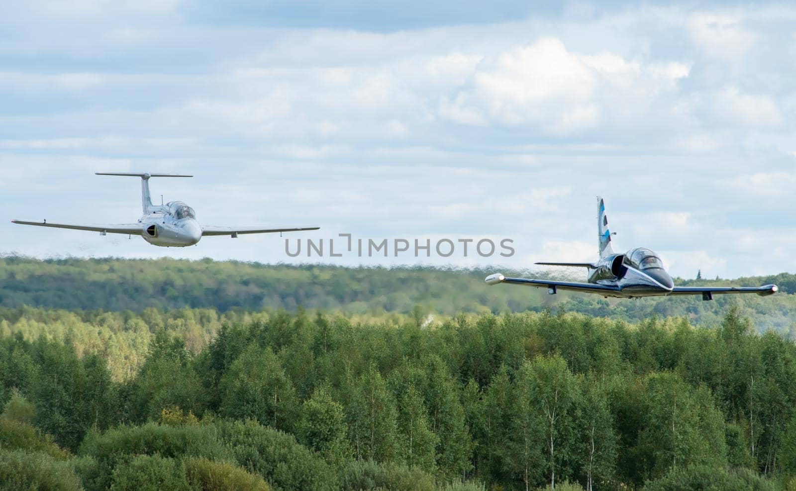 September 12, 2020, Kaluga region, Russia. Training aircraft Aero L-39 Albatros and Aero L-29 Delfin perform a training flight at the Oreshkovo airfield.