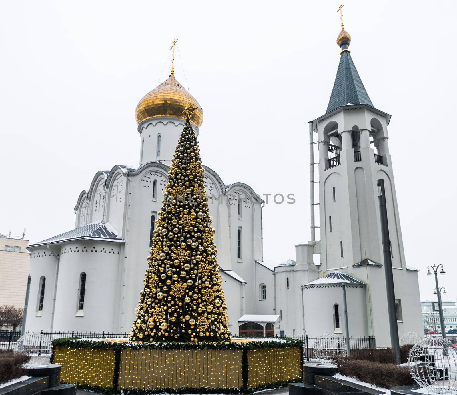 December 14, 2020, Moscow, Russia. New Year tree at the Church of St. Nicholas the Wonderworker at Tverskaya Zastava.