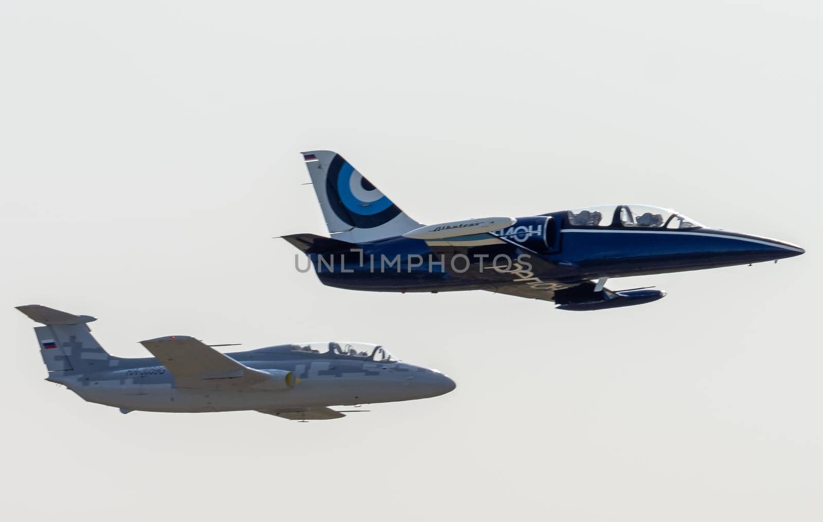 September 12, 2020, Kaluga region, Russia. Training aircraft Aero L-39 Albatros and Aero L-29 Delfin perform a training flight at the Oreshkovo airfield.