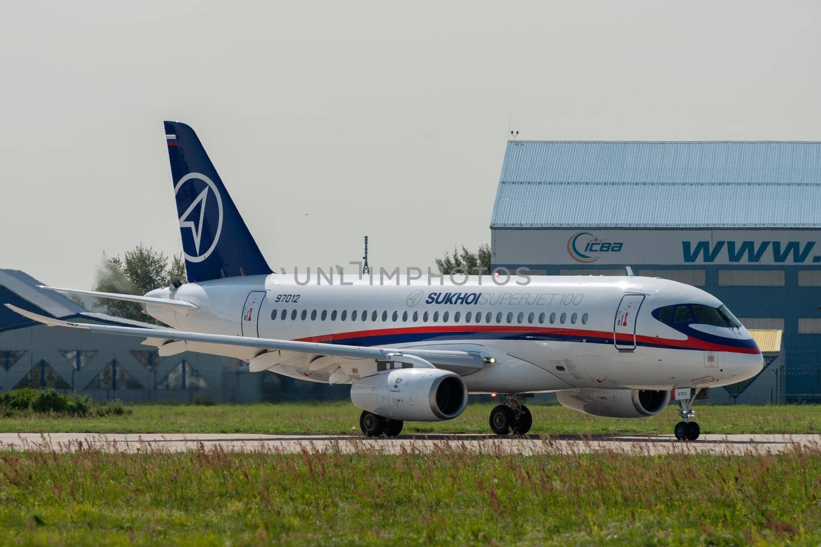 August 30, 2019. Zhukovsky, Russia. Russian short-range narrow-body passenger aircraft  Sukhoi Superjet 100 at the International Aviation and Space Salon MAKS 2019.