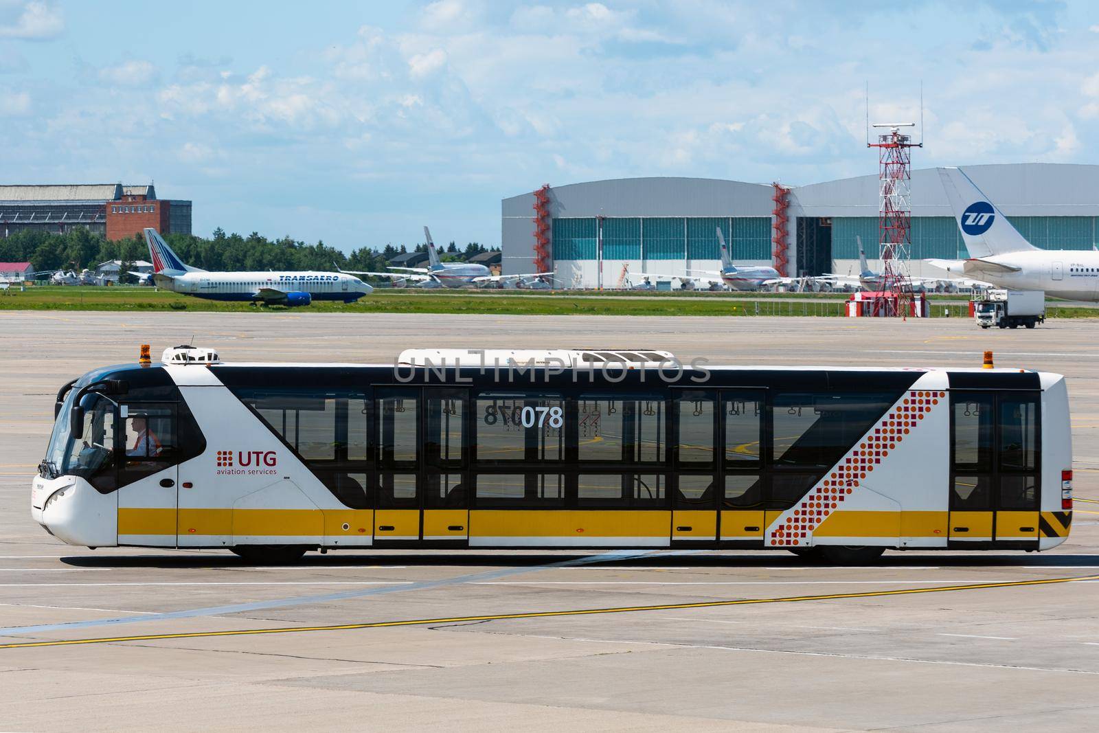 July 2, 2019 Moscow, Russia. Passenger bus at Vnukovo airport