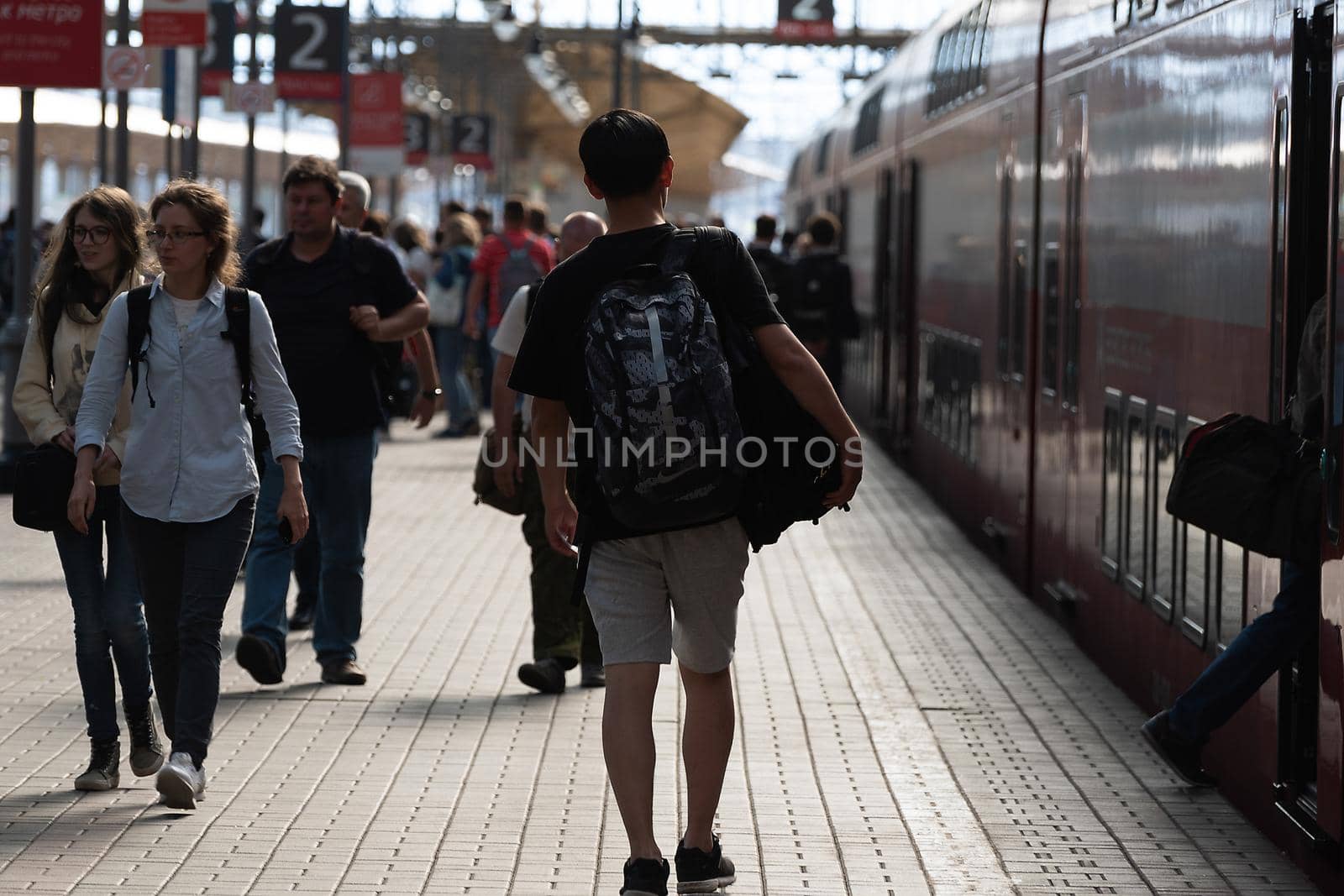 July 2, 2019 Moscow, Russia. Passengers on the platform of the Kiev railway station in Moscow before the departure of the train.