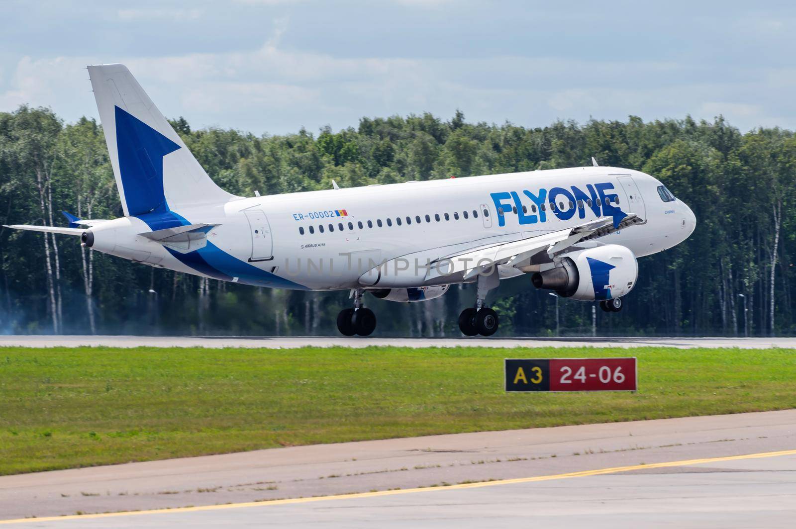 July 2, 2019, Moscow, Russia. Airplane Airbus A319-100 Fly One Airlines at Vnukovo airport in Moscow.