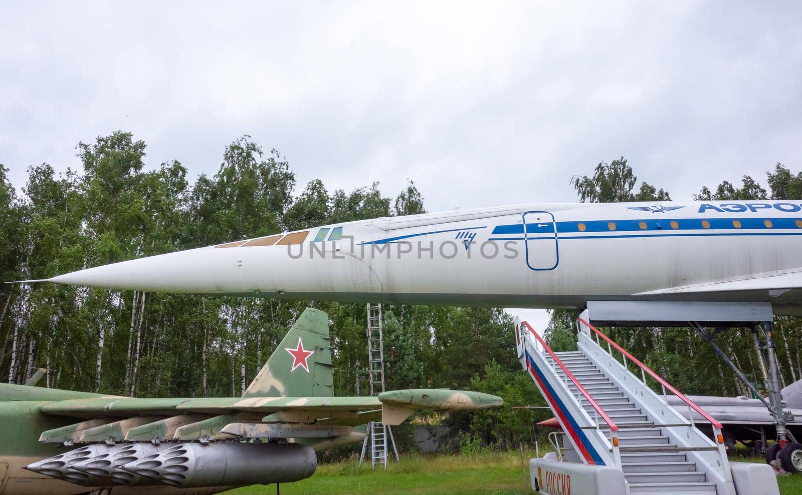 July 18, 2018, Moscow region, Russia. Soviet supersonic passenger aircraft Tupolev Tu-144 at the Central Museum of the Russian Air Force in Monino.