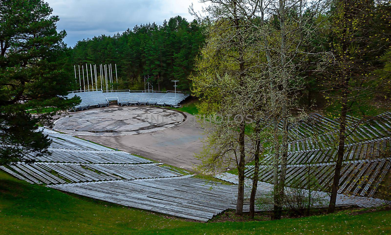 The ancient stands of the open-air stadium on the Hill of Three Crosses in Vilnius.