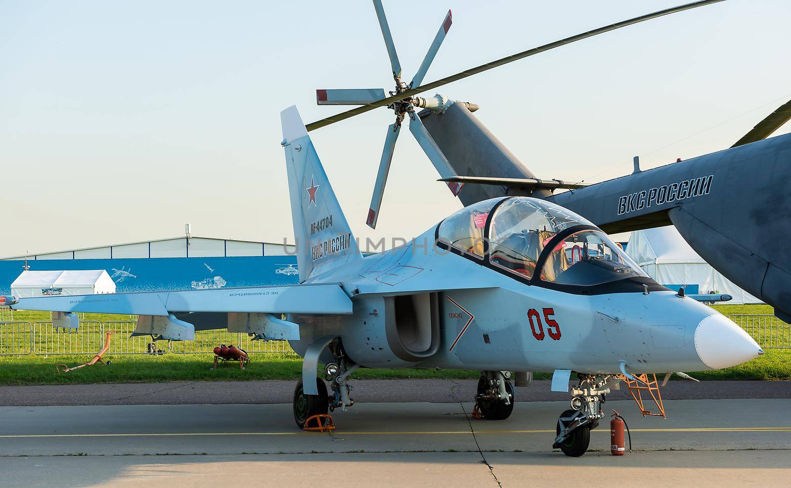 August 30, 2019, Moscow region, Russia. Russian Yakovlev Yak-130 combat training aircraft at the International aviation and space salon.