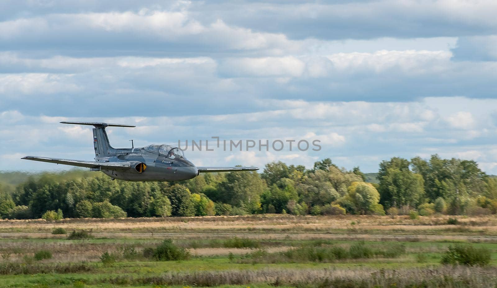 September 12, 2020, Kaluga region, Russia. The Aero L-29 Delfin training aircraft performs a training flight at the Oreshkovo airfield.