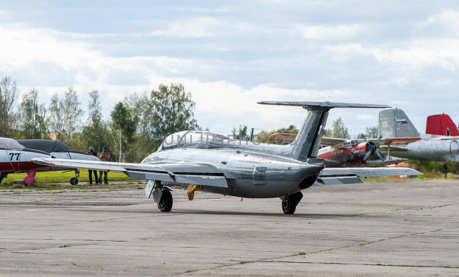 September 12, 2020, Kaluga region, Russia. The Aero L-29 Delfin training aircraft performs a training flight at the Oreshkovo airfield.