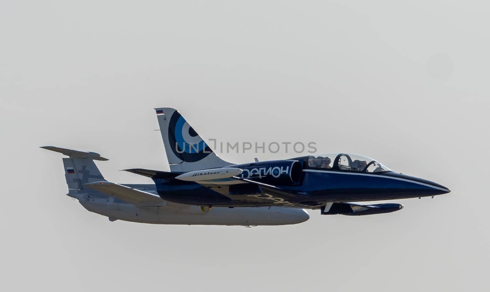 September 12, 2020, Kaluga region, Russia. Training aircraft Aero L-39 Albatros and Aero L-29 Delfin perform a training flight at the Oreshkovo airfield.