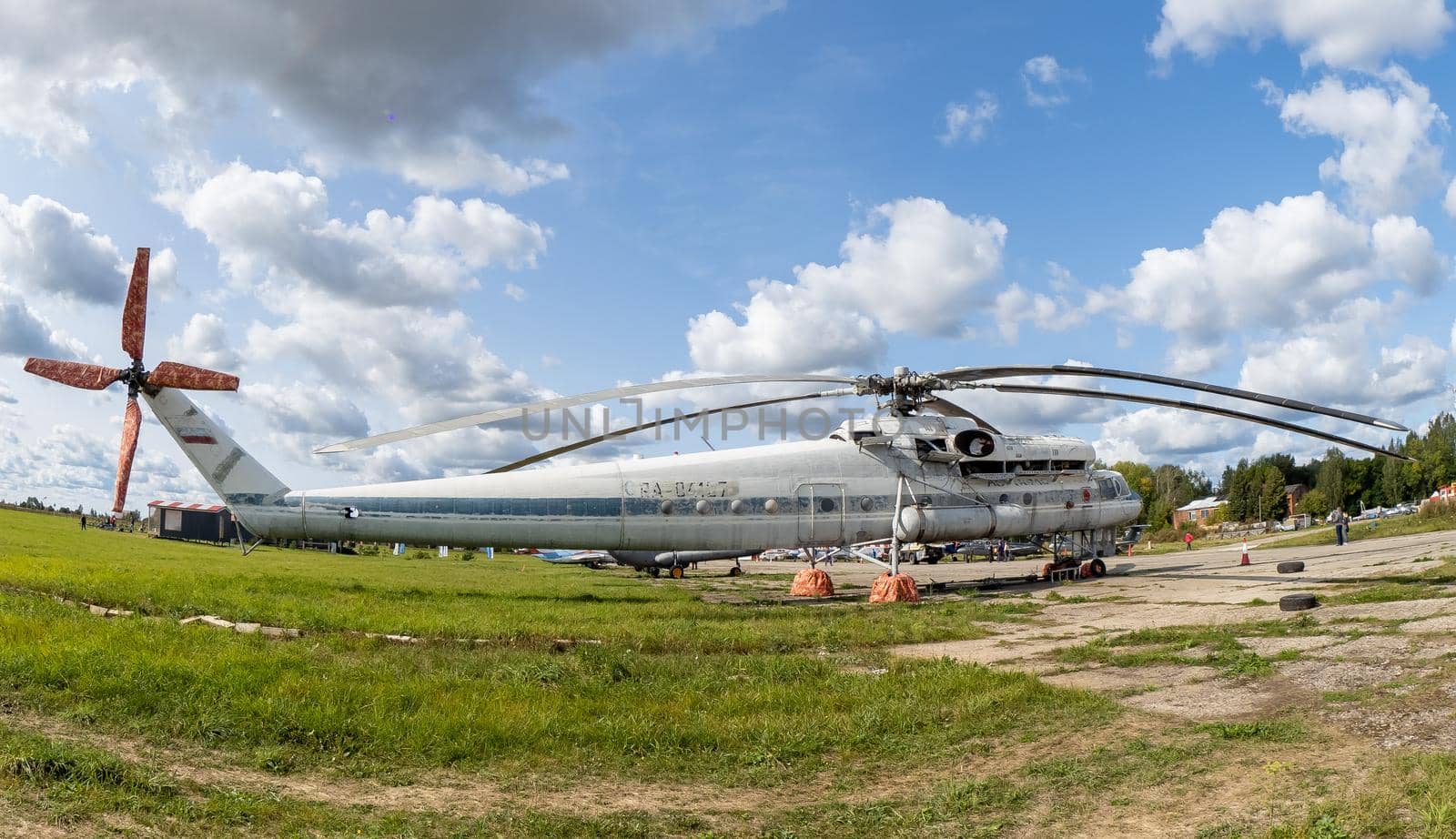 September 12, 2020, Kaluga region, Russia.  Military transport helicopter (flying crane) Mil Mi-10 at the Oreshkovo airfield.