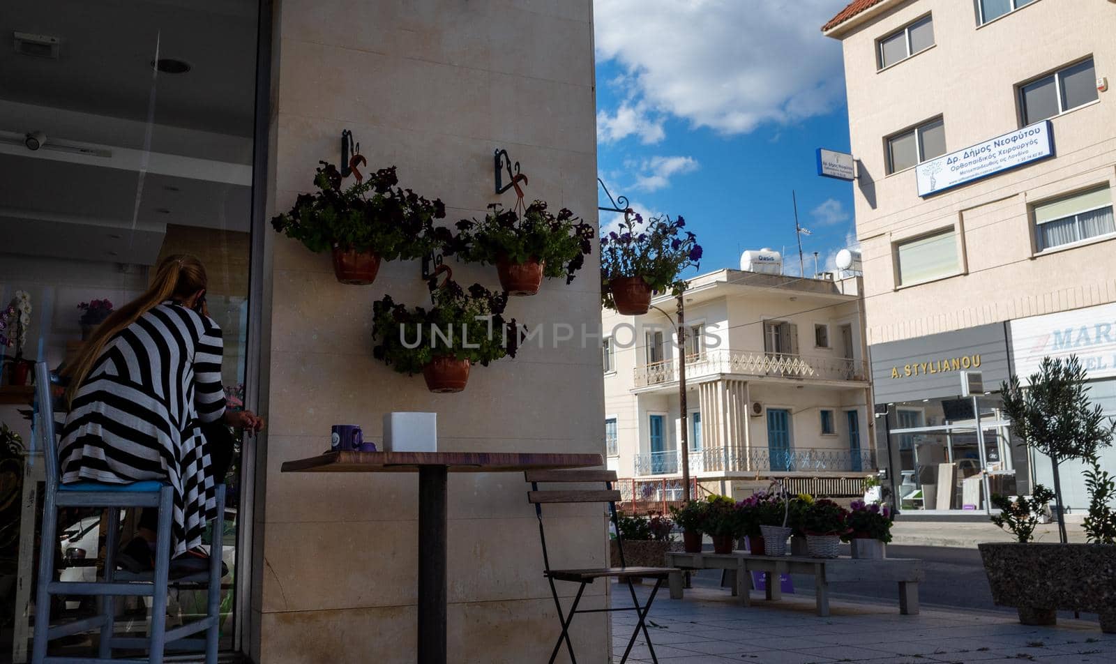 April 22, 2019, Limassol, Cyprus. Tables in a summer cafe in the city on a bright Sunny day .