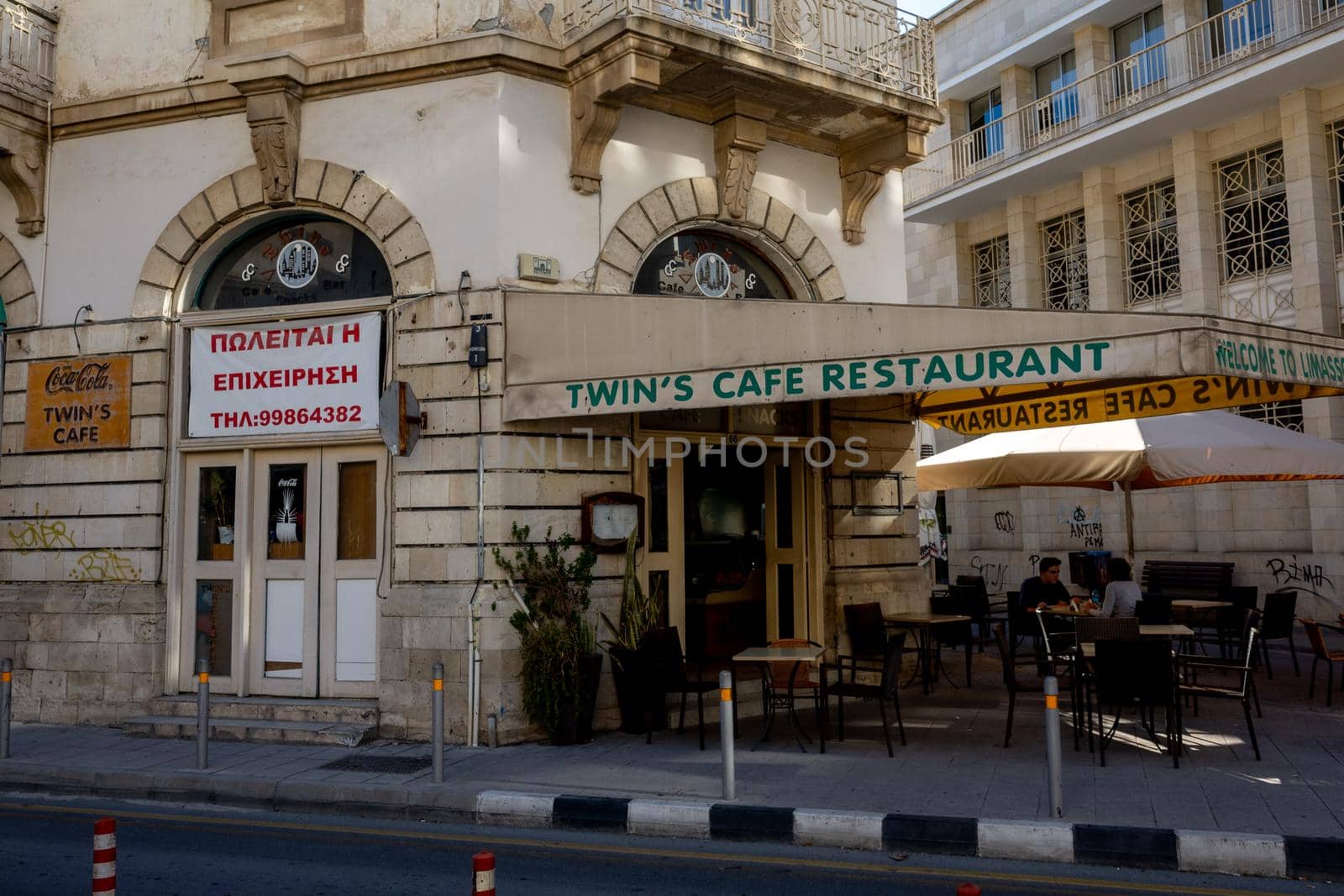 April 22, 2019, Limassol, Cyprus. Tables in a summer cafe in the city on a bright Sunny day .