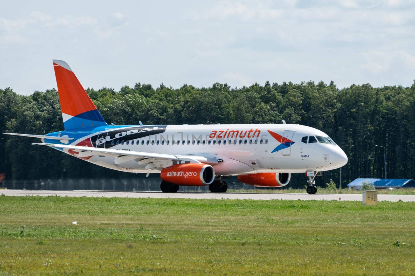 July 2, 2019, Moscow, Russia. Airplane Sukhoi Superjet 100 Azimuth Airlines at Vnukovo airport in Moscow.