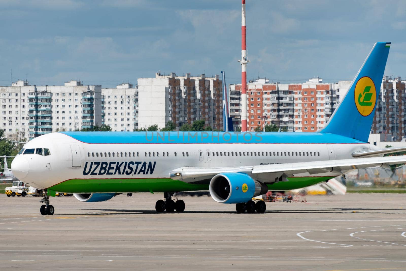 July 2, 2019, Moscow, Russia. Airplane Boeing 767-300 Uzbekistan Airways at Vnukovo airport in Moscow.