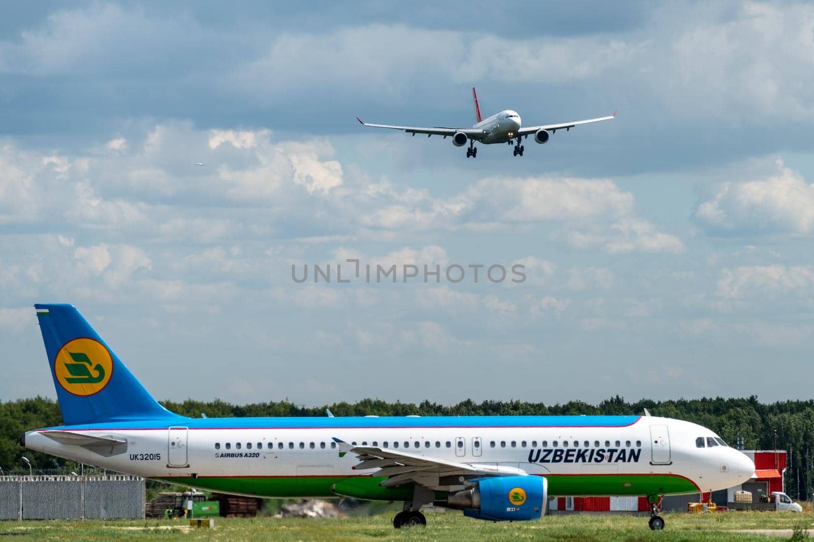 July 2, 2019, Moscow, Russia. Airplane Airbus A320-200  Uzbekistan Airways at Vnukovo airport in Moscow.