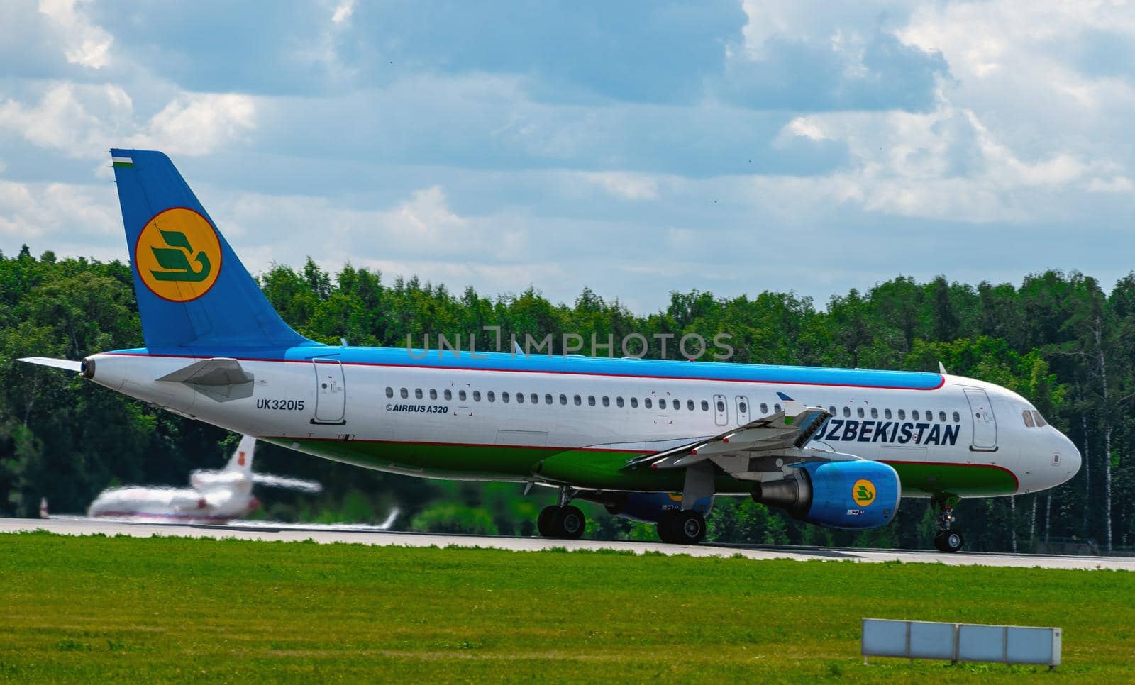 July 2, 2019, Moscow, Russia. Airplane Airbus A320-200  Uzbekistan Airways at Vnukovo airport in Moscow.