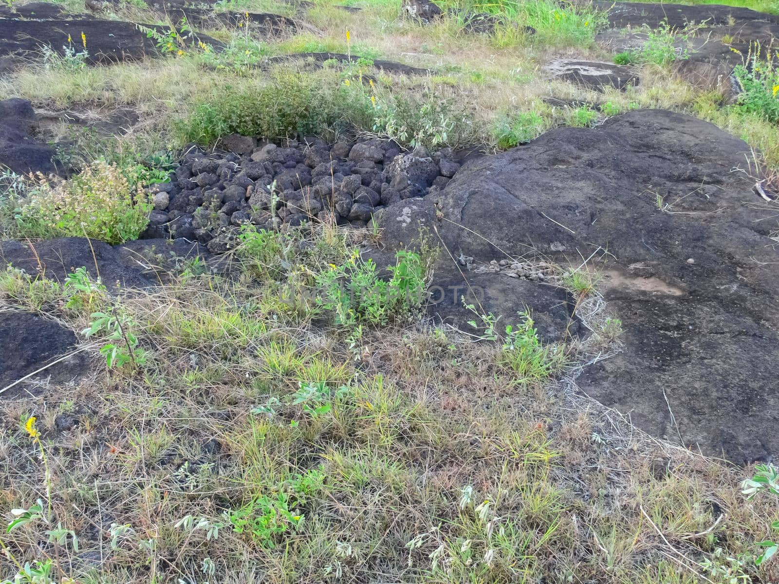 Stone slabs with drawings on Easter Island. Traces of stone processing on plates.