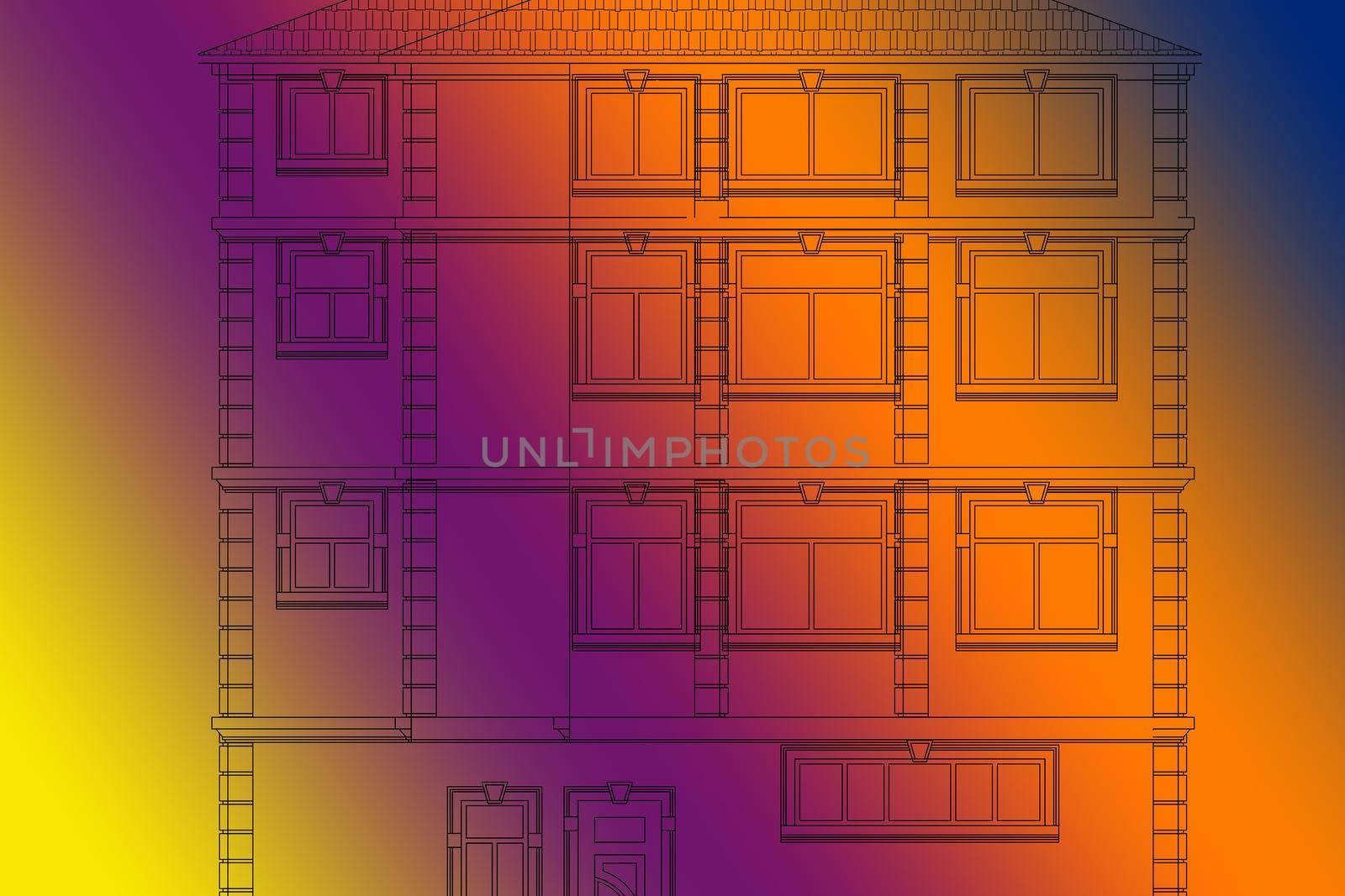 Drawing of housefasade with multicolored background