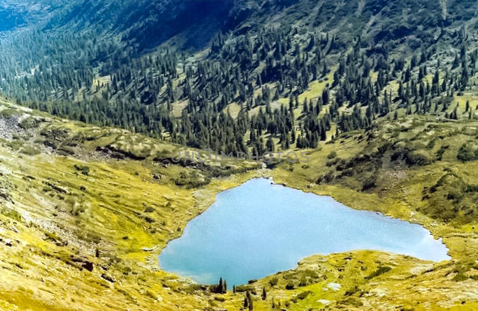 lake at the bottom of the valley in the mountains of Sayana. The nature of Russia.