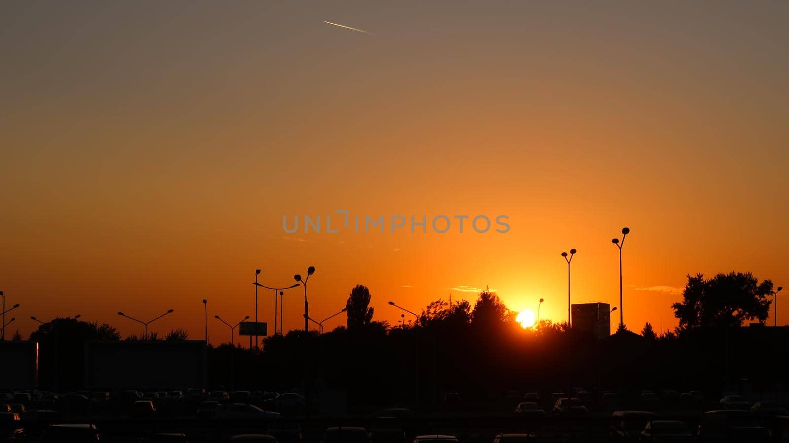 Fire sunset with backlit street light and trees