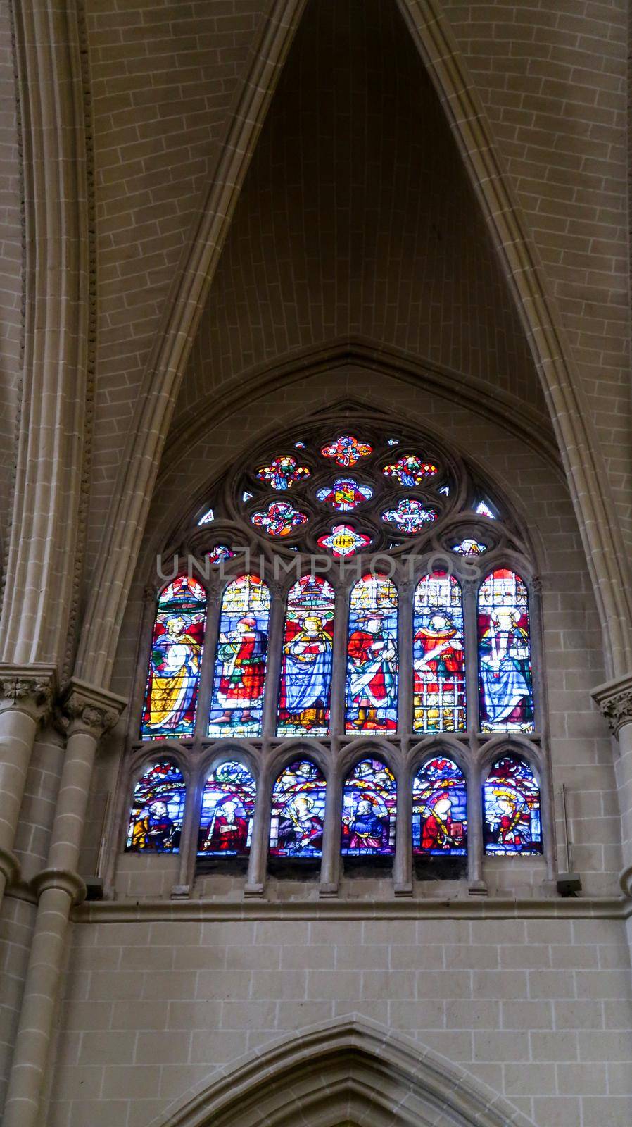 Toledo, Spain - 24 - september - 2020: Stained glass inside the Cathedral of Toledo in Spain