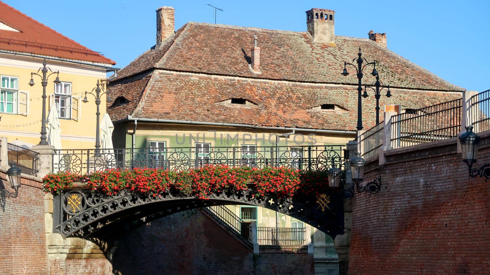 Lies bridge in Sibiu, Romania. Old houses