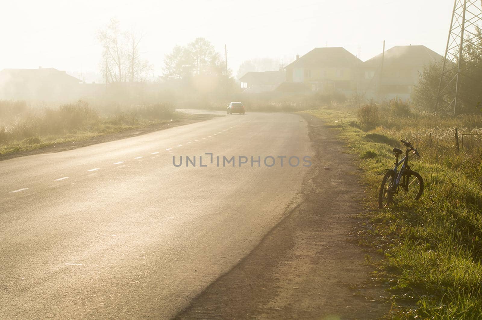 Sunset in the background of the road and fields with grass and trees.