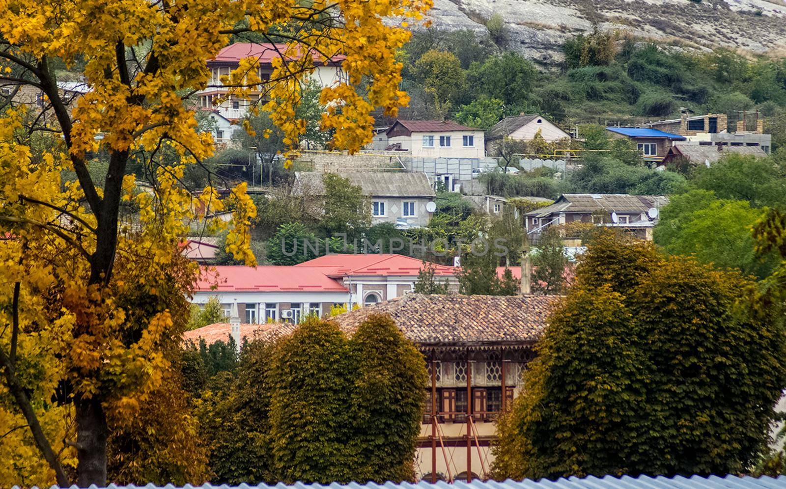 At home near the rocks. Stone houses in a mountain village. Crimea