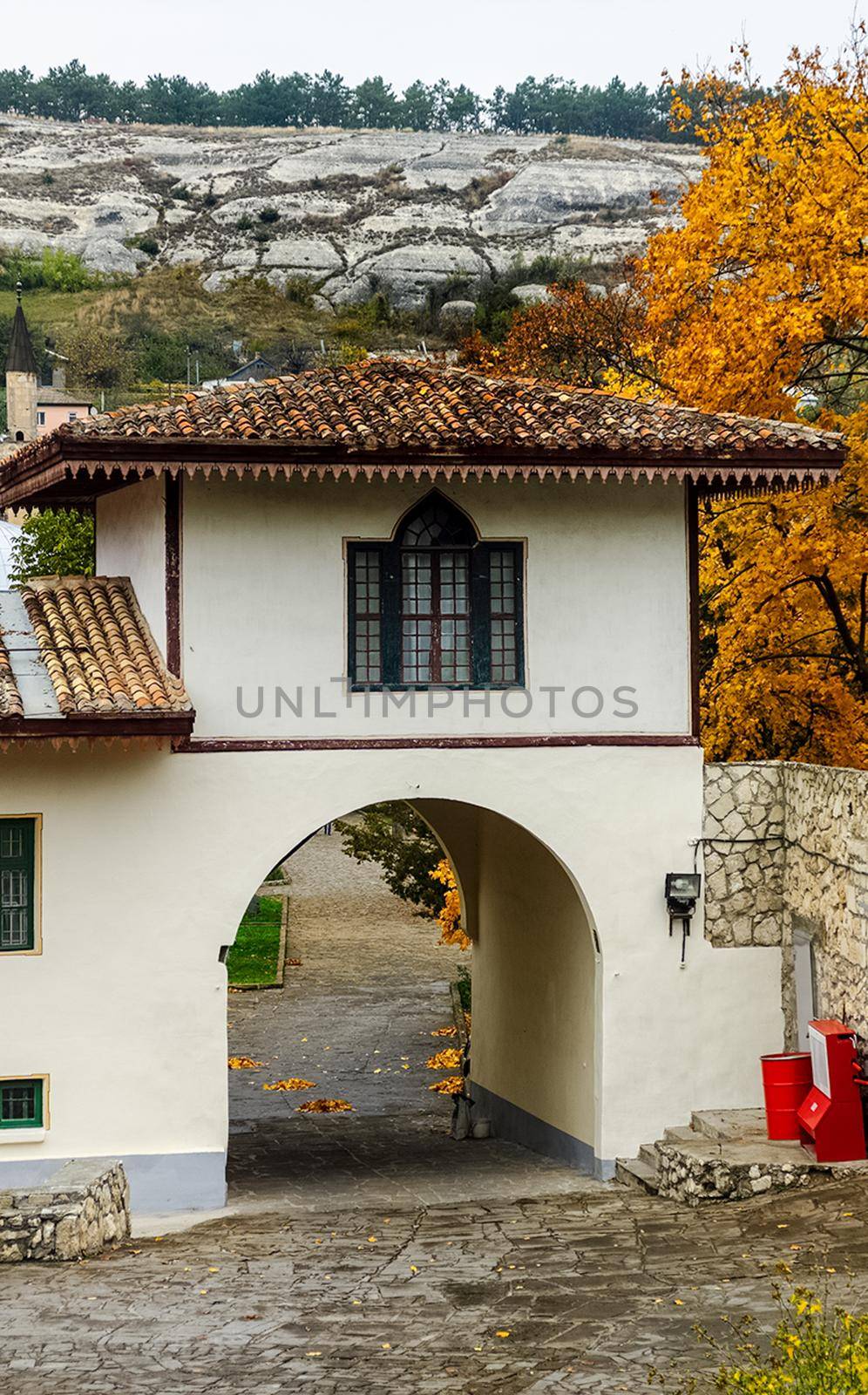 At home near the rocks. Stone houses in mountain village. Crimea by DePo