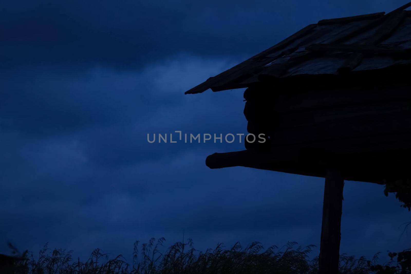 house on stilts on the shore of the lake. Evening, twilight. by DePo