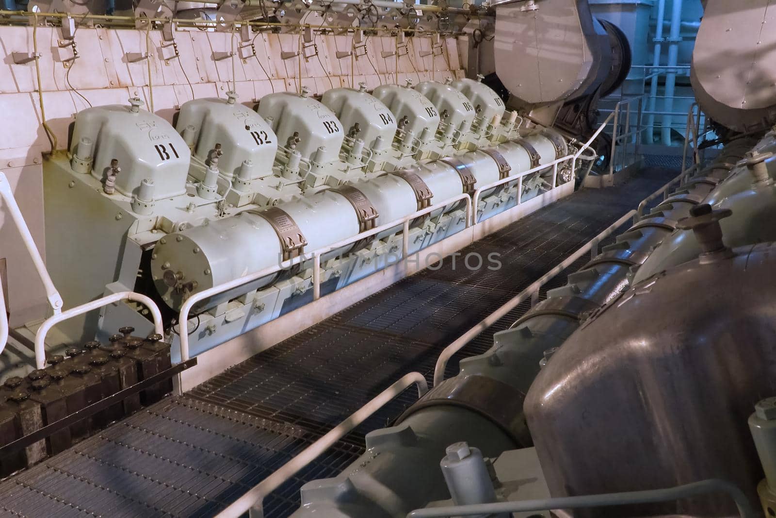 Murmansk, Russia - June 24, 2019: The engine compartment of the ship. Engine and steering equipment.