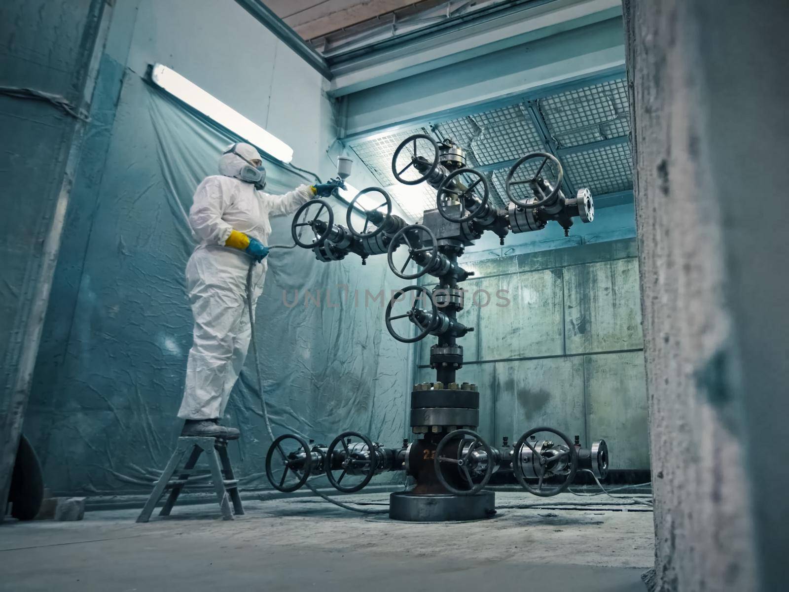 Painting the oil well catches at the plant. spray-sprayed.