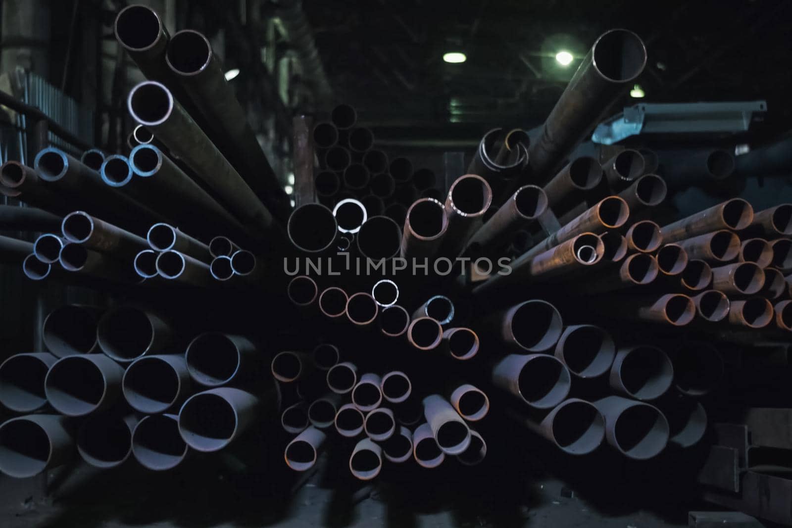 Pipes in a warehouse at the factory. Pumped compressor pipes.