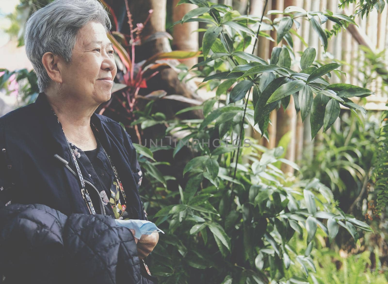 asian old elderly female elder woman resting relaxing in garden. senior leisure lifestyle