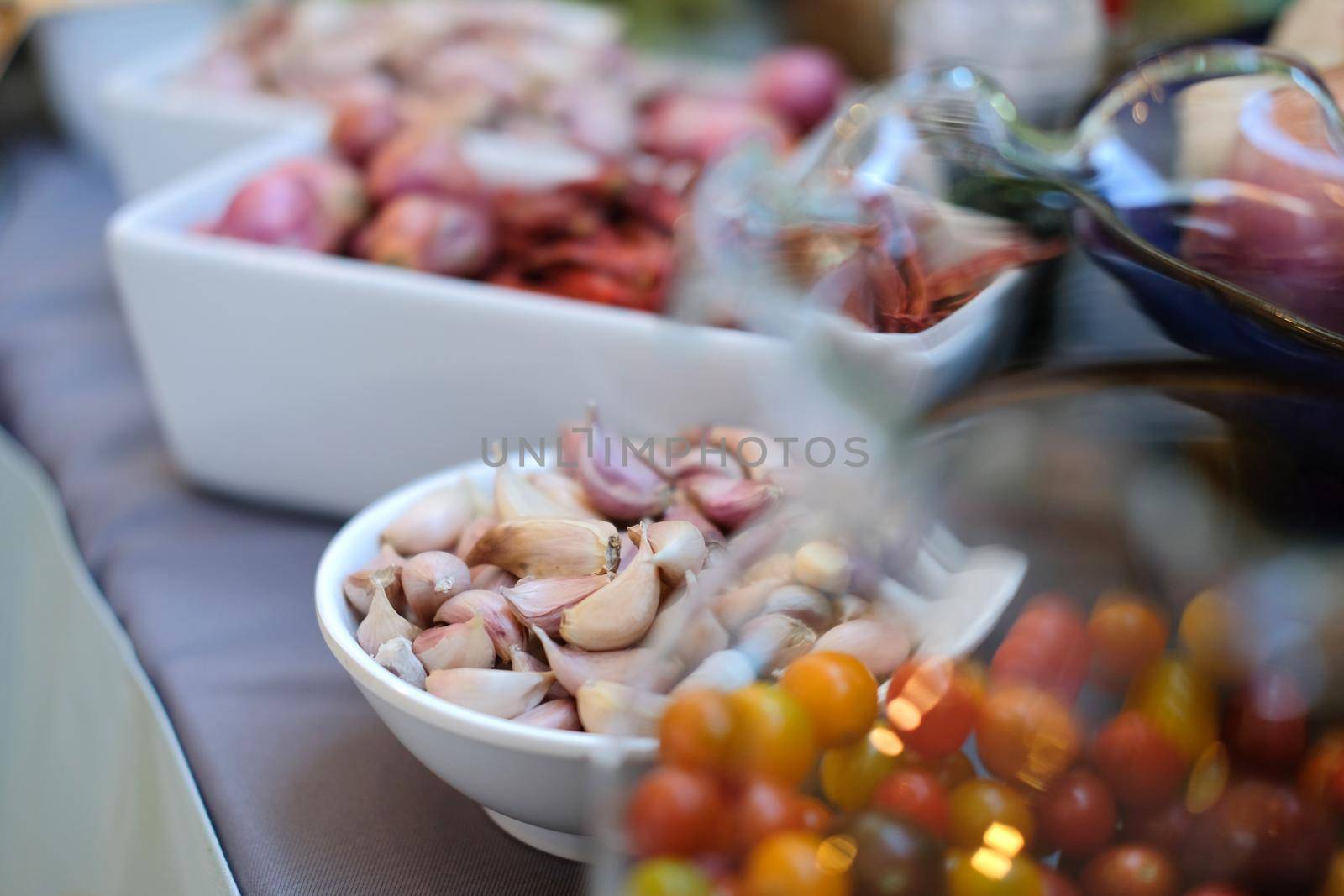 garlic, tomatoes, shallot and dried chili. herb spices ingredient for cooking Thai food
