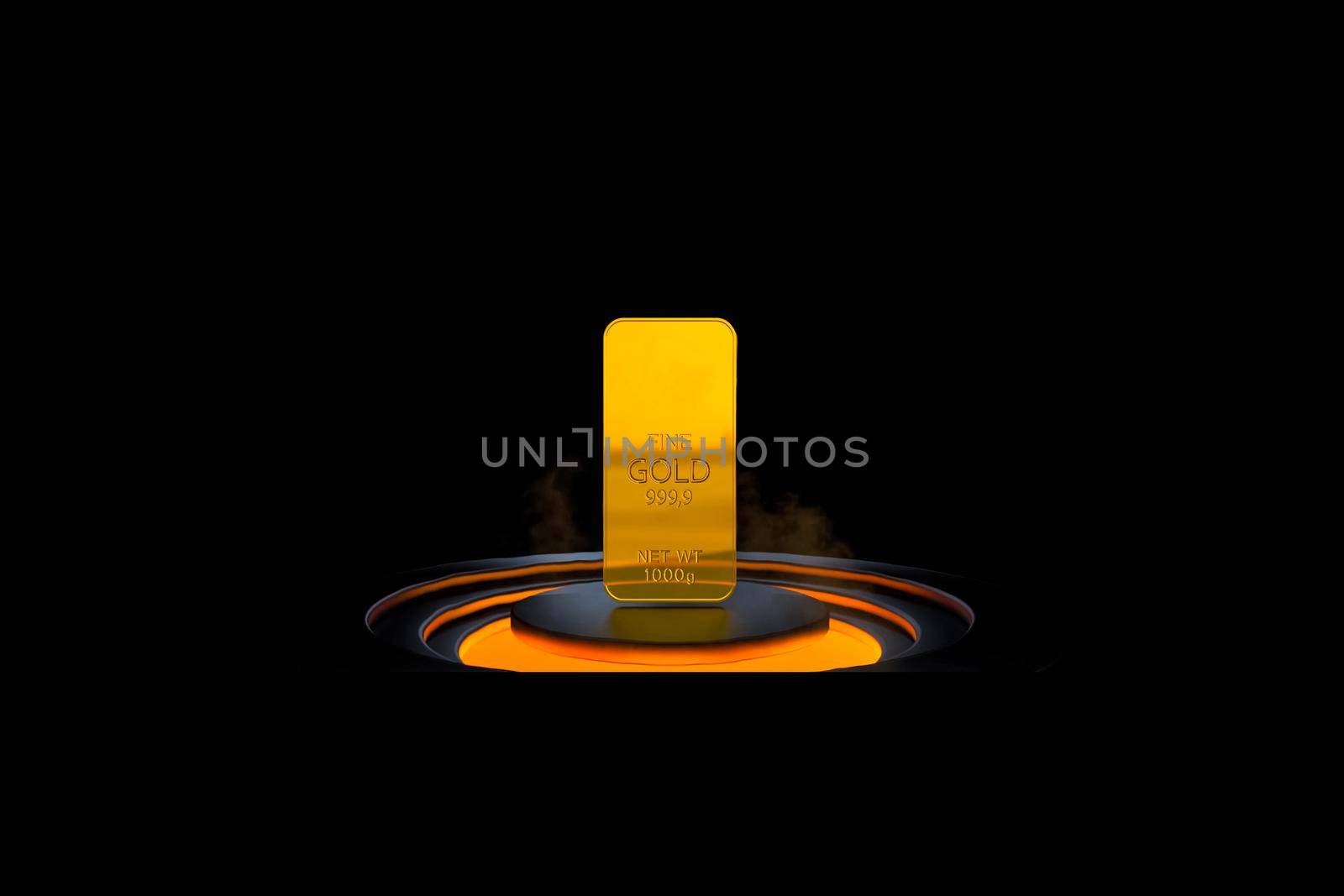 A gold bar on a stand above the melting stove. Illustration of a gold bullion.