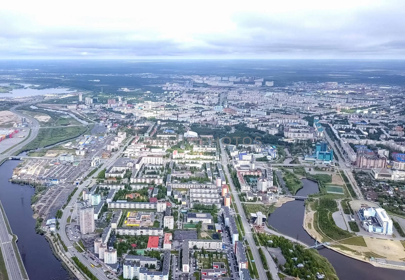 View from above on the city of Surgut. Hunts-Mansi Autonomous Region, surgut city from a bird's-eye view.