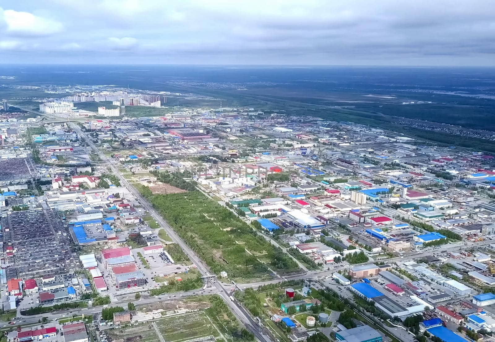 View from above on the city of Surgut. Hunts-Mansi Autonomous Region, surgut city from a bird's-eye view.