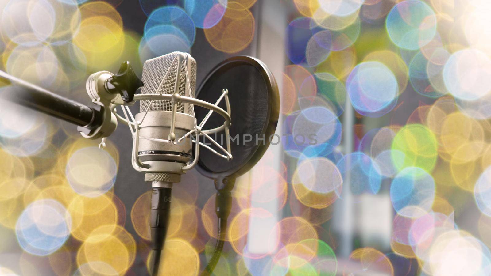 Studio microphone with shock mount and pop filter on tripod stand  by gnepphoto