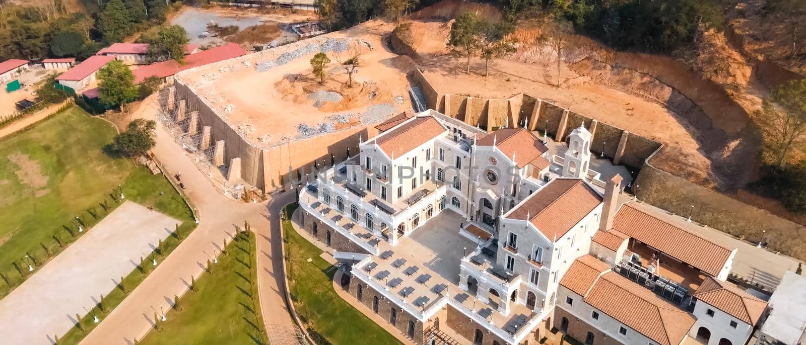 Accommodation in Spain, country resorts and recreation, view from above on the houses.