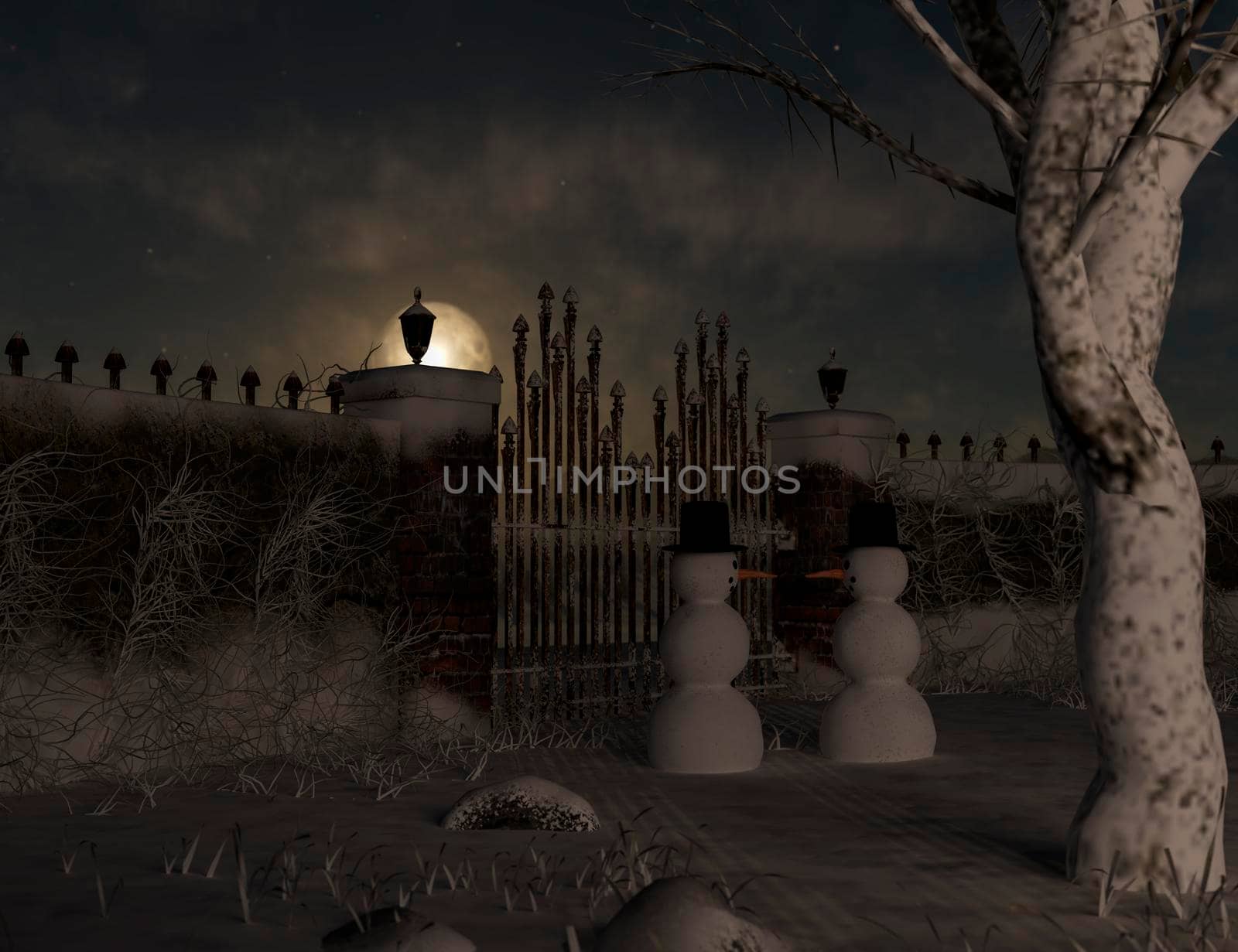 Two Christmas Snowmen are celebrating Christmas near a park - 3d rendering