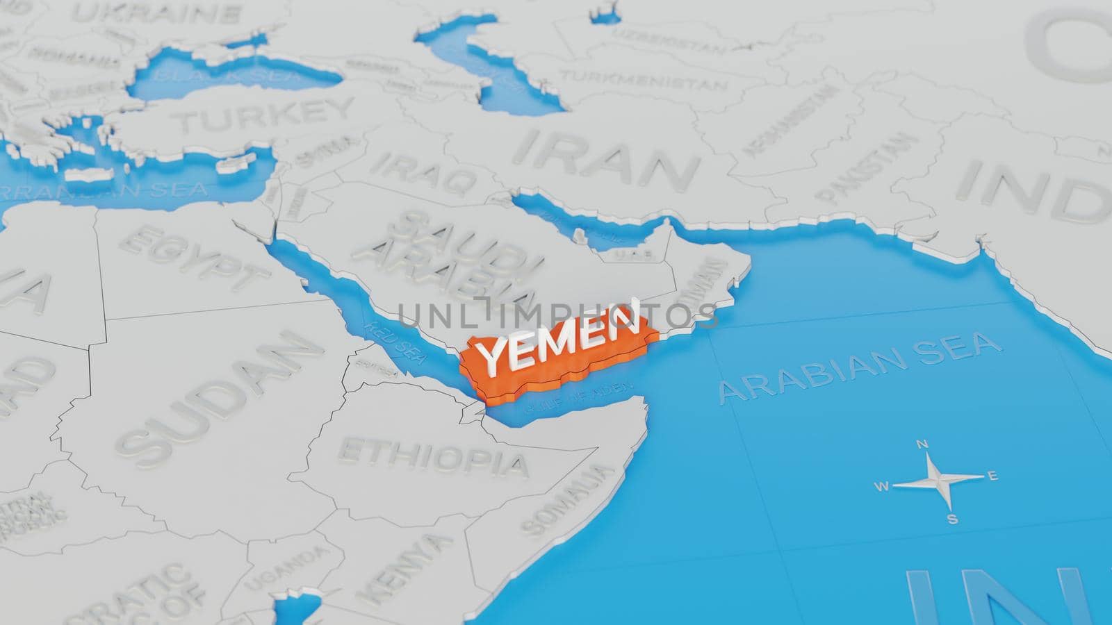 Yemen highlighted on a white simplified 3D world map. Digital 3D render. by hernan_hyper