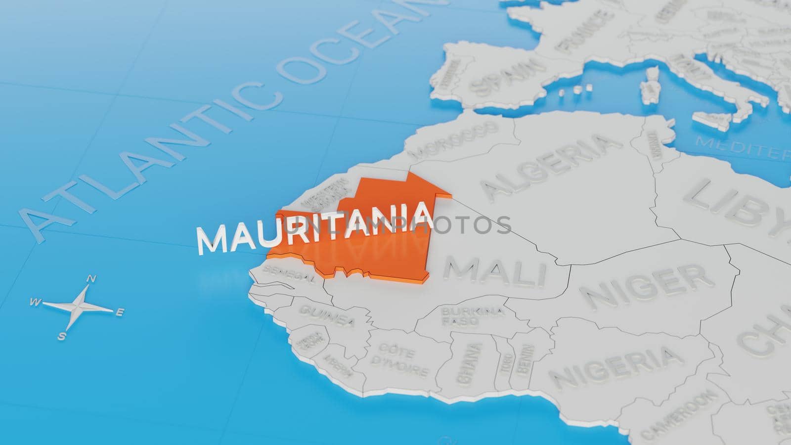 Mauritania highlighted on a white simplified 3D world map. Digital 3D render.