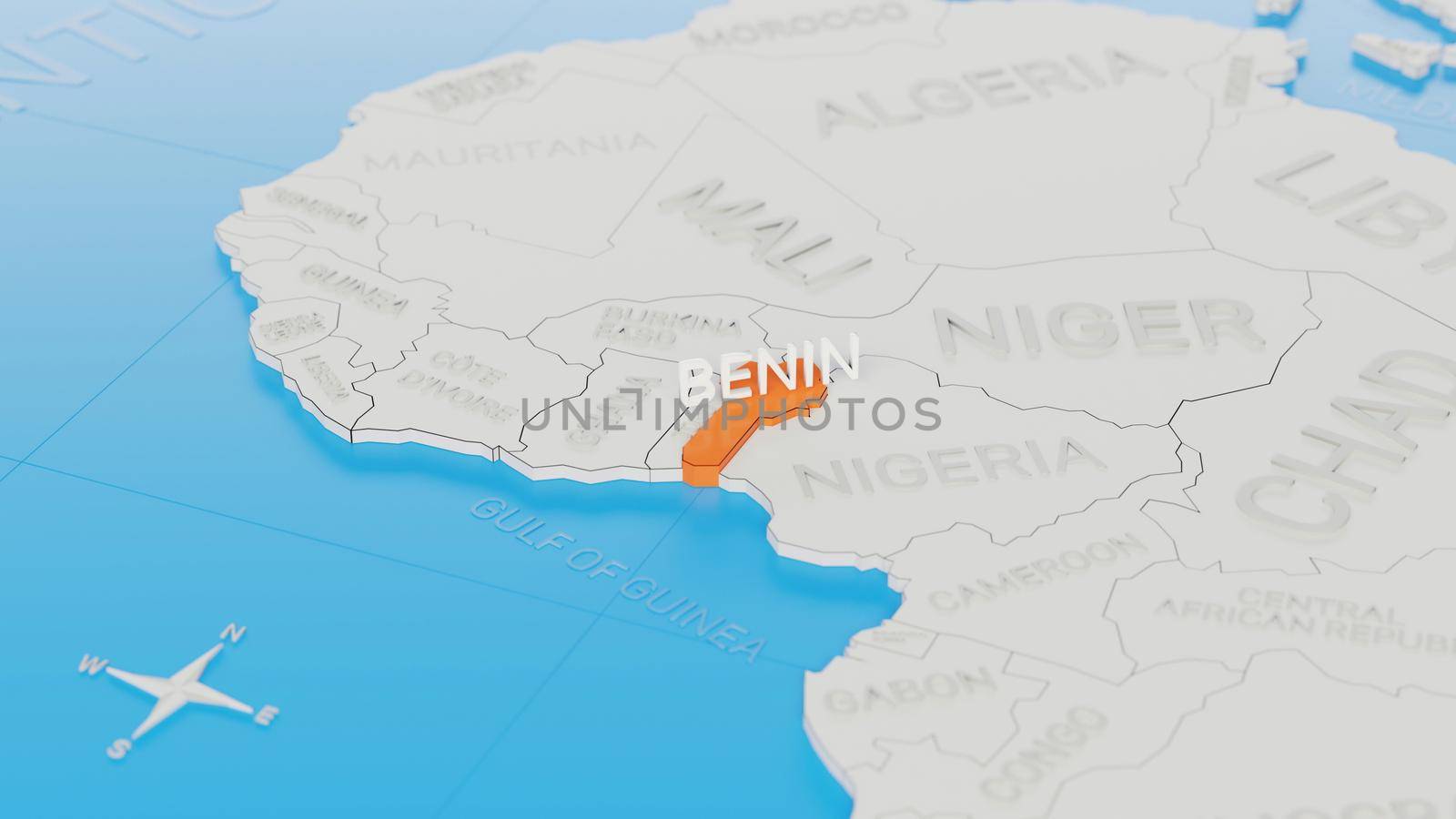 Benin highlighted on a white simplified 3D world map. Digital 3D render.