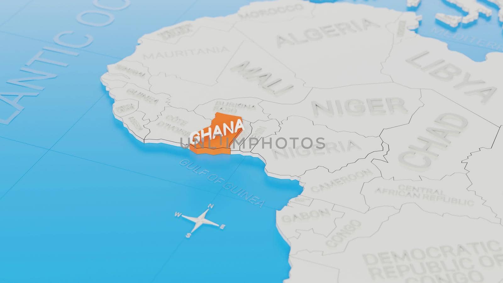 Ghana highlighted on a white simplified 3D world map. Digital 3D render. by hernan_hyper