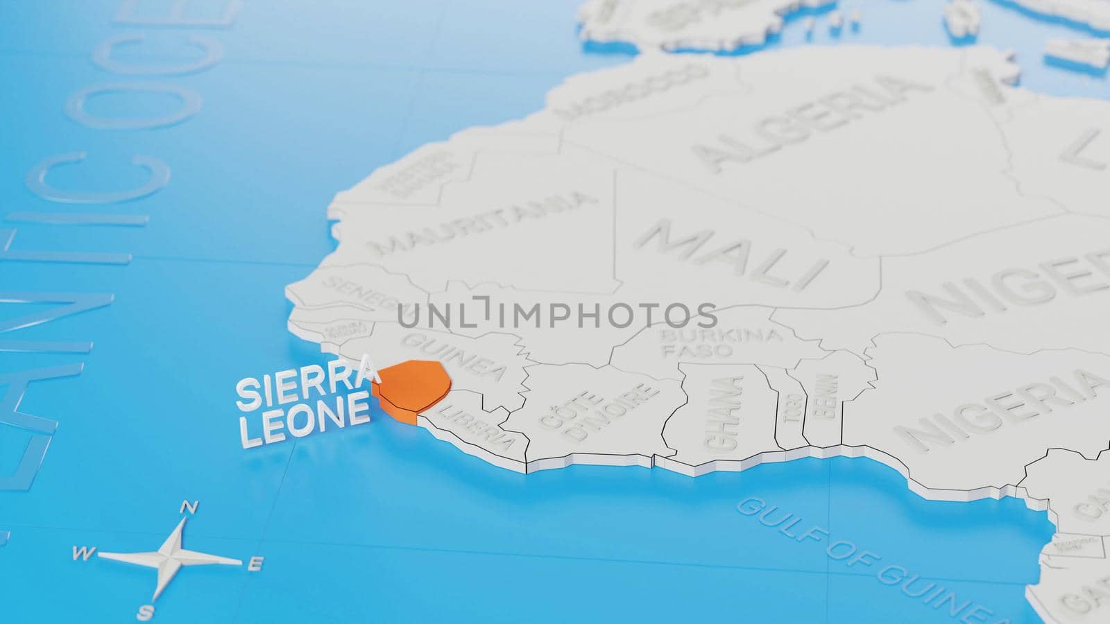 Sierra Leone highlighted on a white simplified 3D world map. Digital 3D render.